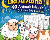 Eid Al Adha 40 Animals Islamic Coloring Book for Kids, Cute Sheep Goat Cow Coloring Pages, Eid Mubarak Activity Book Printable Kids Coloring