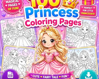100 prinses kleurplaten, afdrukbare kinderprinses kleurboek, schattige sprookje kleurplaat pdf, direct downloaden