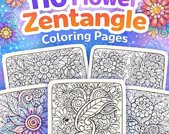 110 Flower Zentangle Coloring Pages | Relaxing Floral Coloring Book for Adults | Printable Zentangle Art PDF, Instant Download
