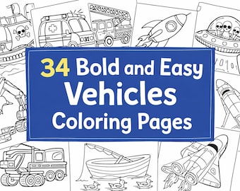 34 Bold and Easy Vehicles Coloring Pages for Kids, Simple Car Truck Rocket Coloring Book, Printable Vehicle Coloring Sheets PDF
