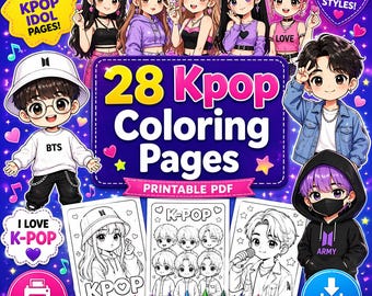 28 Kpop Coloring Pages Printable, Cute K-Pop Idol Coloring Book for Teens, Anime Style Fan Art Pages, Relaxing Kpop Coloring PDF