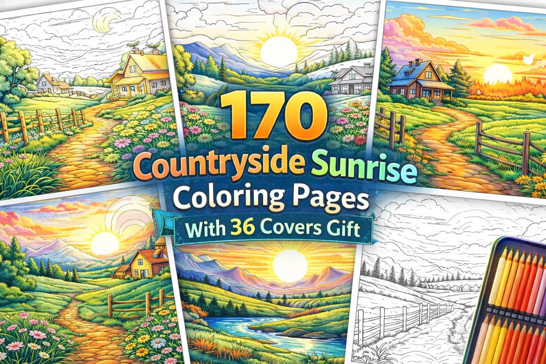 170 Countryside Sunrise Coloring Pages, Country Landscape Coloring Book ...