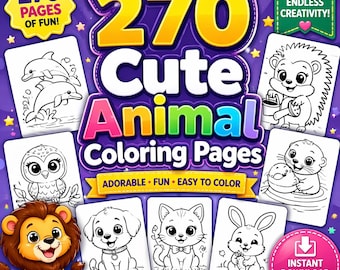 270 Cute Animal Coloring Pages, Kids Coloring Book, Easy Animal Coloring Pages for Toddlers, Preschool Coloring Pages, Printable PDF