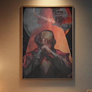 May include: A framed print depicting a figure in a dark robe, with a red and orange silhouette of a helmeted figure in the background. The artwork hangs above a grey sofa in a dimly lit room, with a lamp on a side table.