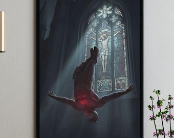 Daredevil Falling Poster - Aesthetic Matt Murdock Wall Art, Modern Born Again Season 2 Print, Minimalist Catholic Cathedral Decor