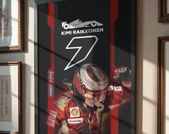 Kimi Raikkonen F1 Poster - The Iceman #7 Formula One Legend Print, Ferrari Racing Aesthetic Wall Art, Motorsport Fan Office Decor