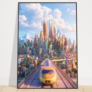 Póster enmarcado del horizonte de la ciudad de Zootopia, arte de pared de la película Disney, lámina colorida de la escena de Zootrópolis, decoración moderna con marco de metal negro imagen 1