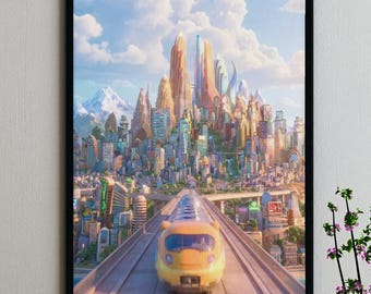 Póster estético de la ciudad de Zootopia - Arte mural del horizonte de Zootrópolis, impresión moderna de película animada, decoración vibrante para la habitación infantil o sala de juegos. Póster de Zootopia 2.