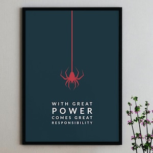 Può includere: Una stampa artistica da parete rettangolare in una cornice nera con sfondo blu scuro e un ragno rosso appeso a una linea verticale. Sotto il ragno, il testo bianco recita: WITH GREAT POWER COMES GREAT RESPONSIBILITY in un carattere sans-serif pulito.
