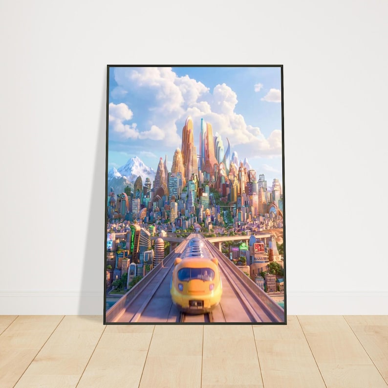 Póster enmarcado del horizonte de la ciudad de Zootopia, arte de pared de la película Disney, lámina colorida de la escena de Zootrópolis, decoración moderna con marco de metal negro imagen 1