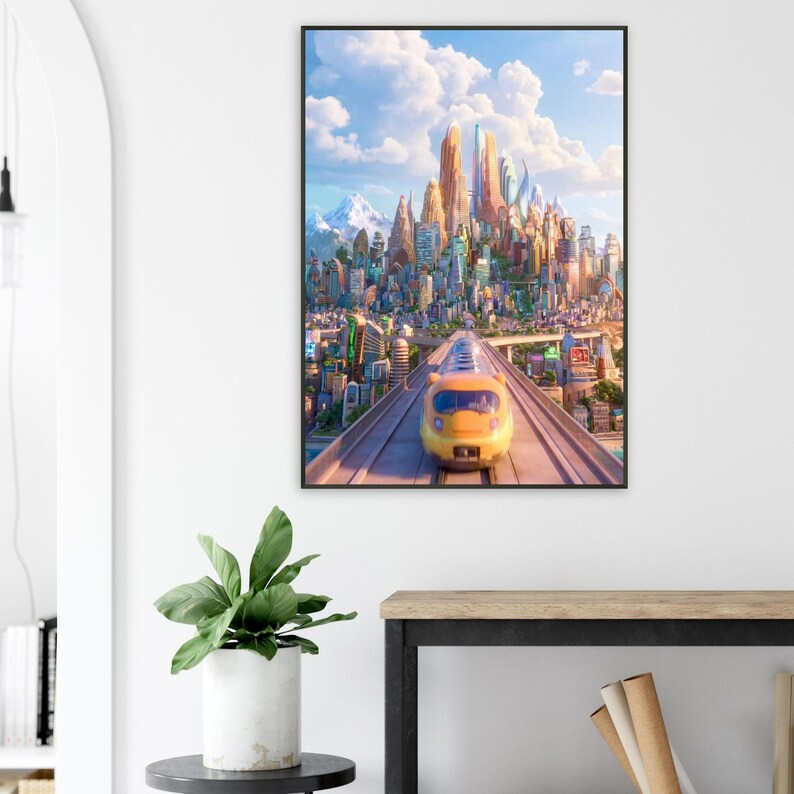 Póster enmarcado del horizonte de la ciudad de Zootopia, arte de pared de la película Disney, lámina colorida de la escena de Zootrópolis, decoración moderna con marco de metal negro imagen 2