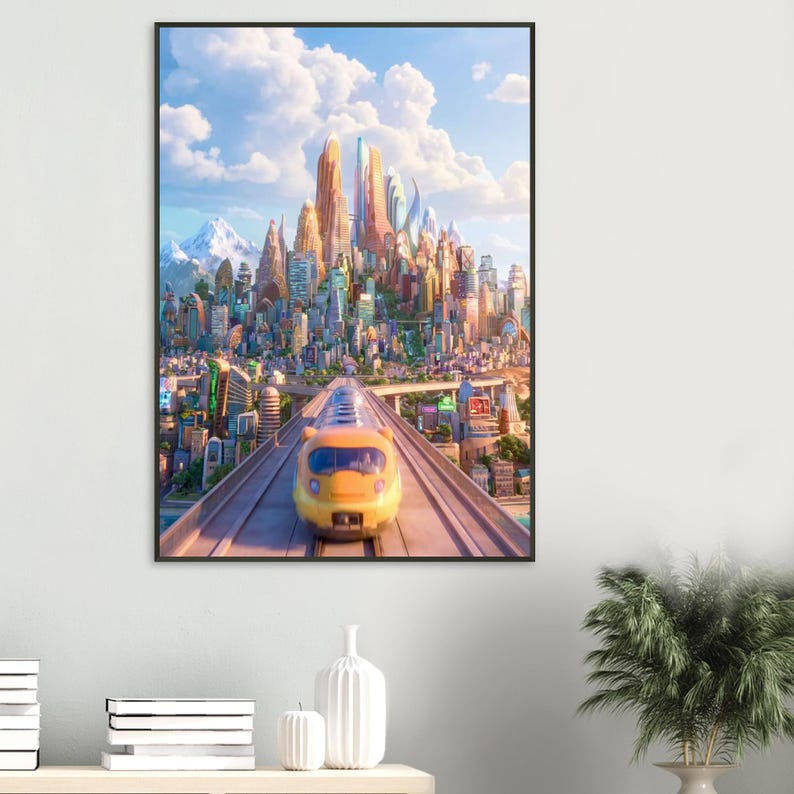 Póster enmarcado del horizonte de la ciudad de Zootopia, arte de pared de la película Disney, lámina colorida de la escena de Zootrópolis, decoración moderna con marco de metal negro imagen 3
