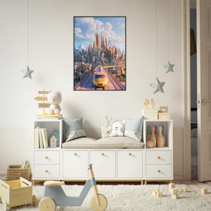 Póster enmarcado del horizonte de la ciudad de Zootopia, arte de pared de la película Disney, lámina colorida de la escena de Zootrópolis, decoración moderna con marco de metal negro imagen 4