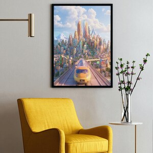 Puede incluir: Una impresi&oacute;n art&iacute;stica enmarcada representa una ciudad futurista con un tren amarillo que se acerca. La obra de arte presenta una paleta de colores vibrantes con edificios altos y coloridos bajo un cielo azul con nubes. Un sill&oacute;n amarillo est&aacute; en primer plano.