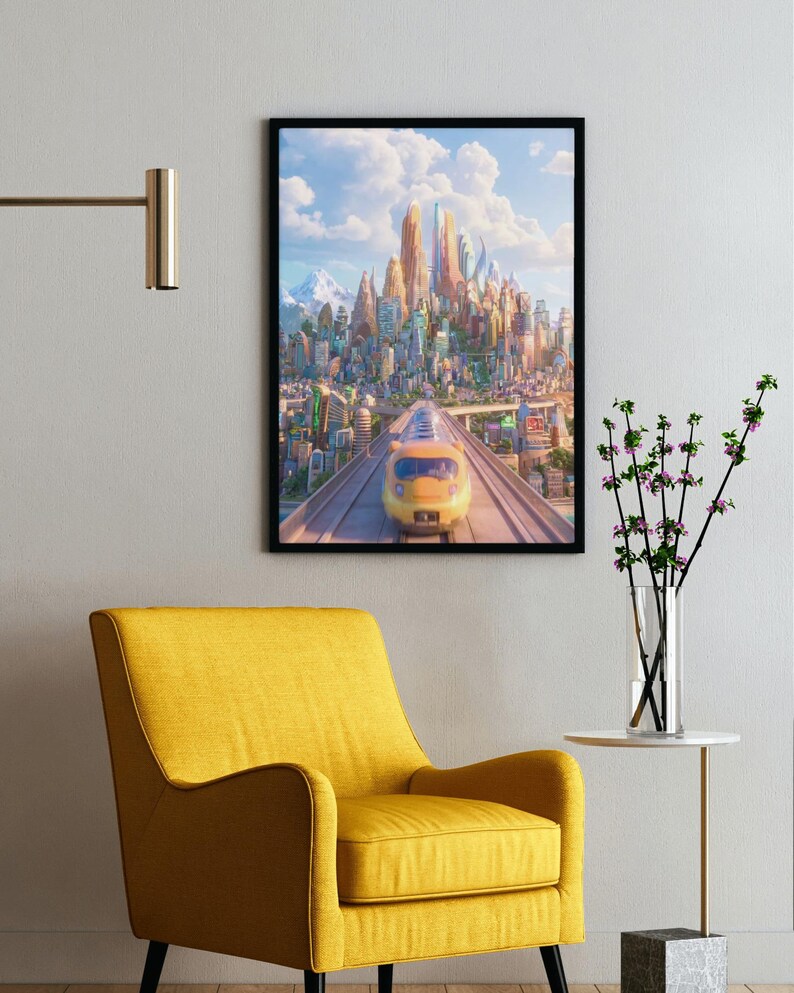 Puede incluir: Una impresi&oacute;n art&iacute;stica enmarcada representa una ciudad futurista con un tren amarillo que se acerca. La obra de arte presenta una paleta de colores vibrantes con edificios altos y coloridos bajo un cielo azul con nubes. Un sill&oacute;n amarillo est&aacute; en primer plano.