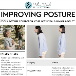 以下が含まれることがあります： Palm Beach Physical Therapyの情報グラフィック。「IMPROVING POSTURE」のタイトルが、エクササイズをしている人々の画像の上に表示されています。グラフィックには、姿勢矯正やコア活性化など、主な目標とプログラムの焦点がリストされています。