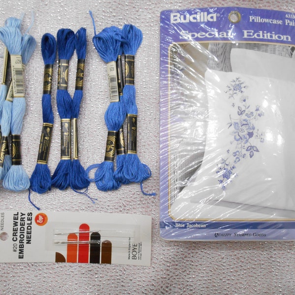 Vintage Pillow Cases Set Embroidery Kit Needlecraft Bucilla Blue Jacobean