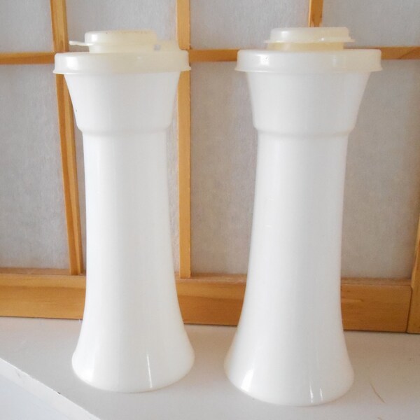 Vintage Tupperware Salt and Pepper Vintage Tupperware Large Hourglass Shaped Snap Covers White