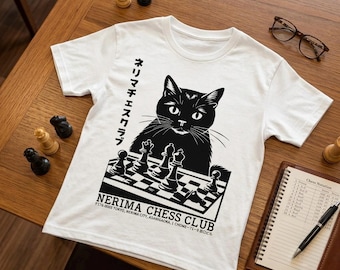 Japanese Black Cat Chess Club Graphic Tee, Vintage Tokyo Streetwear Shirt, Nerima Chess Club T-Shirt, Retro Anime Aesthetic Cat Lover Gift