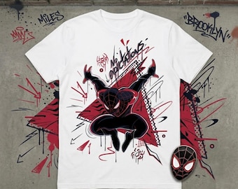 Koszulka streetwear z odważnym superbohaterem, koszulka z graffiti pająka, prezent dla geeków dla niego/niej, koszulka unisex z grafiką, odzież Into The Spiderverse