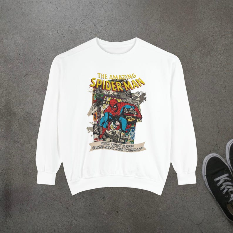 Vintage Spider-Man Sweatshirt, Retro Comic Book Graphic Hoodie, Superhero Fan Gift, 90s Comic Style Crewneck, Peter Parker Apparel image 4