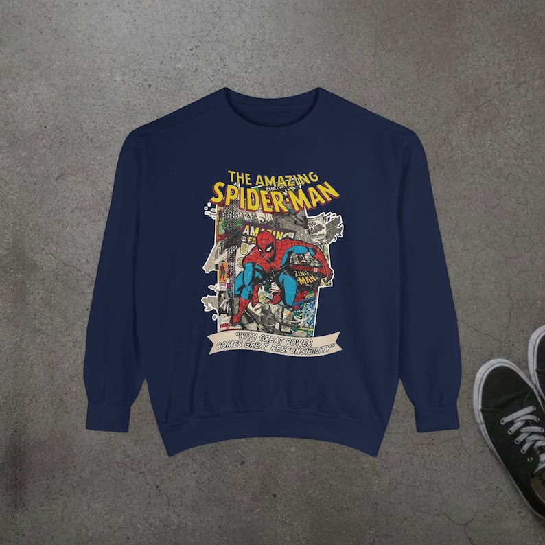 Vintage Spider-Man Sweatshirt, Retro Comic Book Graphic Hoodie, Superhero Fan Gift, 90s Comic Style Crewneck, Peter Parker Apparel image 1
