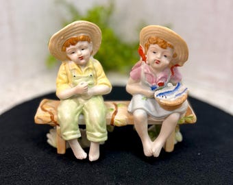 Vintage Porcelain Figurine Boy Girl Fishing Bench Children Kids Japan