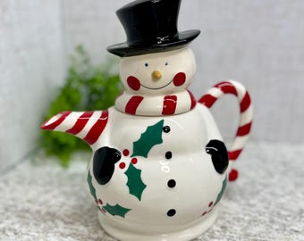 Temptations 7-Piece Snowman Teapot and Mugs Set – Holiday Christmas Ceramic Drinkware