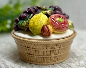 Plat à couvercle en porcelaine de Sorrente MCM vintage, corbeille de fruits EUC