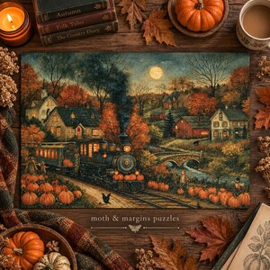 May include: A rectangular jigsaw puzzle featuring a vintage steam train travelling through a rural autumn landscape at night, with pumpkins lining the tracks, houses, a stone bridge, and a full moon. The text reads moth & margins puzzles.