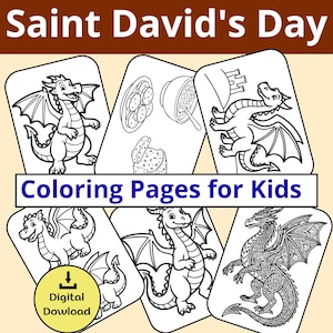 May include: A collection of black and white coloring pages for Saint David's Day, featuring dragons and food illustrations. The text "Coloring Pages for Kids" is displayed prominently. A digital download icon is also present.