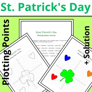 Puede incluir: Una hoja de actividades educativas con temática del Día de San Patricio. La hoja presenta un plano de coordenadas con puntos para trazar y revelar imágenes de corazones y tréboles. El texto "Plotting Points" y "Solution" son visibles.