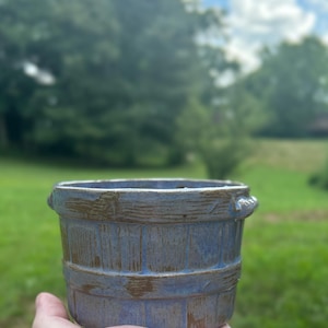 Handmade Ceramic Barrel Planter, Rustic Blue Glaze Pot