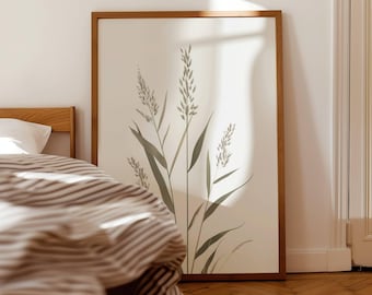 Sztuka roślinna w stylu Japandi, botaniczny nadruk wabi-sabi, dekoracja ścienna zen, neutralny plakat w odcieniach ziemi, spokojna sztuka do sypialni, dekoracja do druku
