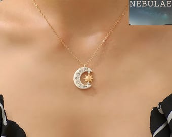 Collana con luna e sole in cristallo, ciondolo celeste in argento sterling