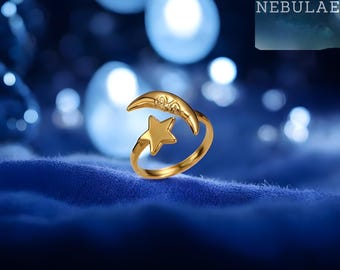 Gold Crescent Moon Star Ring, 925 Sterling Silver Plated, Adjustable