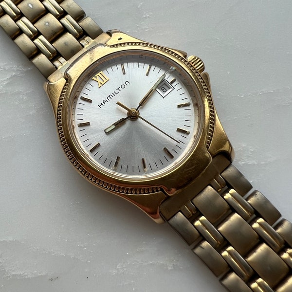 Vintage Hamilton womens quartz watch with original gold tone Bracelet- works!