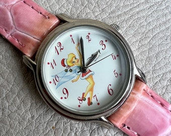 Disney Tinkerbell quartz watch Santa Elf outfit ladies size pink leather band - works!