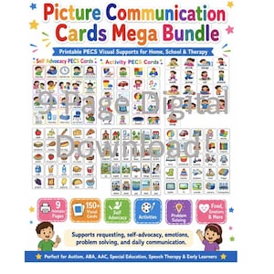 May include: A digital download bundle of Picture Communication Cards featuring 9 printable pages with over 150 visual supports for self-advocacy, activities, and daily communication. The colorful layout includes icons for food, emotions, and problem solving.