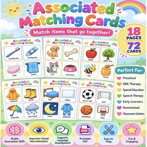 Op de afbeelding: Educatieve set Associated Matching Cards met 18 pagina's en 72 kaarten. De kleurrijke vellen tonen paren van bij elkaar horende items zoals een tandenborstel en tandpasta, een hond en bot, of een voetbal en doel, ontworpen voor vroege leeractiviteiten.