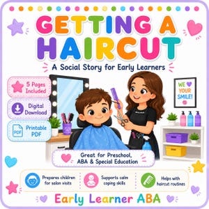 Può includere: Una storia sociale digitale intitolata Getting a Haircut per i giovani studenti. L'illustrazione mostra un bambino con una mantella blu seduto su una sedia da salone mentre un parrucchiere tiene forbici e pettine. Include testo su 5 pagine e PDF.