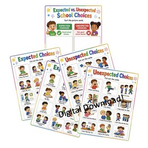 Puede incluir: Un conjunto de hojas de actividades educativas tituladas Expected vs. Unexpected School Choices, Expected Choices y Unexpected Choices. Las hojas presentan ilustraciones coloridas de ni&ntilde;os en entornos escolares con etiquetas de texto y una marca de agua Digital Download.