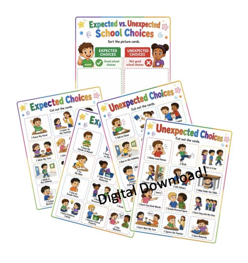 Puede incluir: Un conjunto de hojas de actividades educativas tituladas Expected vs. Unexpected School Choices, Expected Choices y Unexpected Choices. Las hojas presentan ilustraciones coloridas de ni&ntilde;os en entornos escolares con etiquetas de texto y una marca de agua Digital Download.