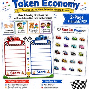 May include: A 2-page printable PDF race car token economy behavior reward system. The board features two tracks with start lines, blank name boxes, and visual rule reminders. Includes a separate sheet of cut-out race car pieces for tracking progress.