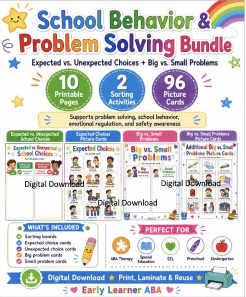 Puede incluir: Un paquete digital School Behavior & Problem Solving Bundle que incluye 10 p&aacute;ginas imprimibles, 2 actividades de clasificaci&oacute;n y 96 tarjetas con im&aacute;genes. El recurso educativo colorido contiene tablas sobre elecciones esperadas y problemas.