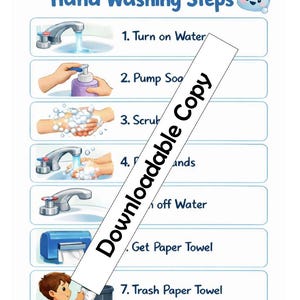 May include: A colorful educational poster titled "Hand Washing Steps" with illustrations and numbered instructions. The steps include turning on water, pumping soap, scrubbing hands, rinsing, and drying with a paper towel. A cartoon water droplet is in the top right corner.