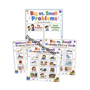 Puede incluir: Un conjunto de hojas de actividades educativas tituladas Big vs. Small Problems, que incluye una tabla de clasificaci&oacute;n y varias p&aacute;ginas de tarjetas ilustradas. Las p&aacute;ginas coloridas muestran personajes y etiquetas de texto.