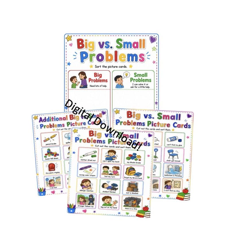 Puede incluir: Un conjunto de hojas de actividades educativas tituladas Big vs. Small Problems, que incluye una tabla de clasificaci&oacute;n y varias p&aacute;ginas de tarjetas ilustradas. Las p&aacute;ginas coloridas muestran personajes y etiquetas de texto.