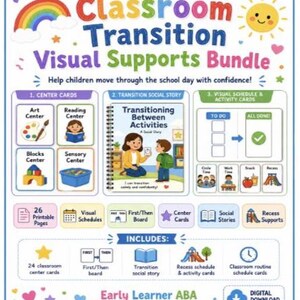 Puede incluir: Un paquete de apoyos visuales para la transición en el aula, descarga digital con tarjetas de centro, una historia social de transición y tarjetas de actividades. Incluye un arcoíris, un sol y 26 páginas imprimibles.