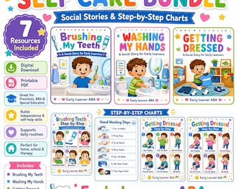 Paquete de recursos visuales para el autocuidado / Cepillarse los dientes, lavarse las manos y vestirse / Historias sociales y tablas de rutinas ABA para el autismo